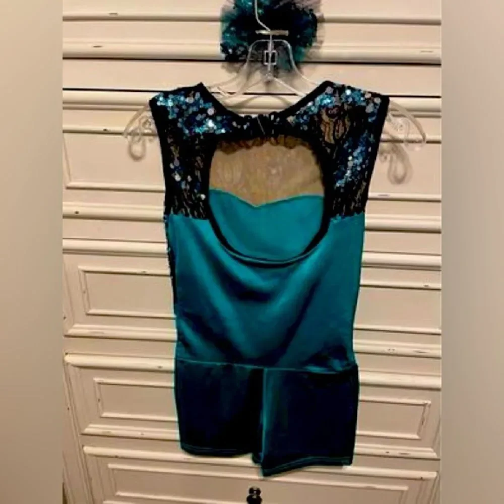 Adult Small 3pc Dance Costume Turquoise & Black With Sequins Fringe Leotard Tap